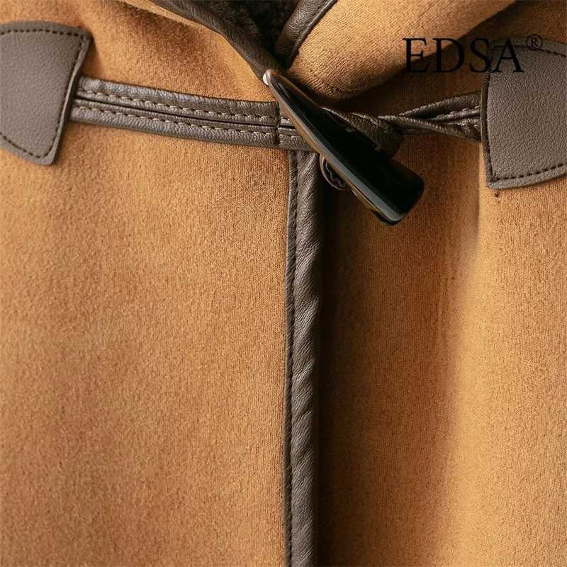 EDSA Women Hooded Faux Fur Jacket Coat Loose Button Lamb Wool Full Sleeve Jacket 2025 Autumn Winter Warm Thicken OutwearT251201
