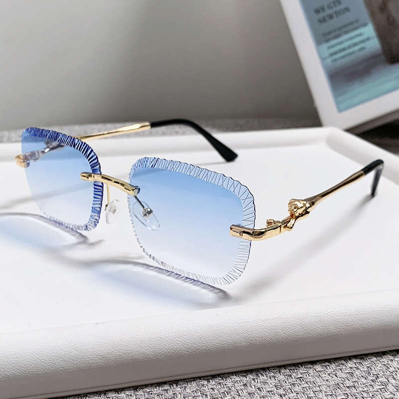 Cross-Border New Designer Sawtooth Frameless European and American Ins Fashion Leopard Head Metal Sunglasses