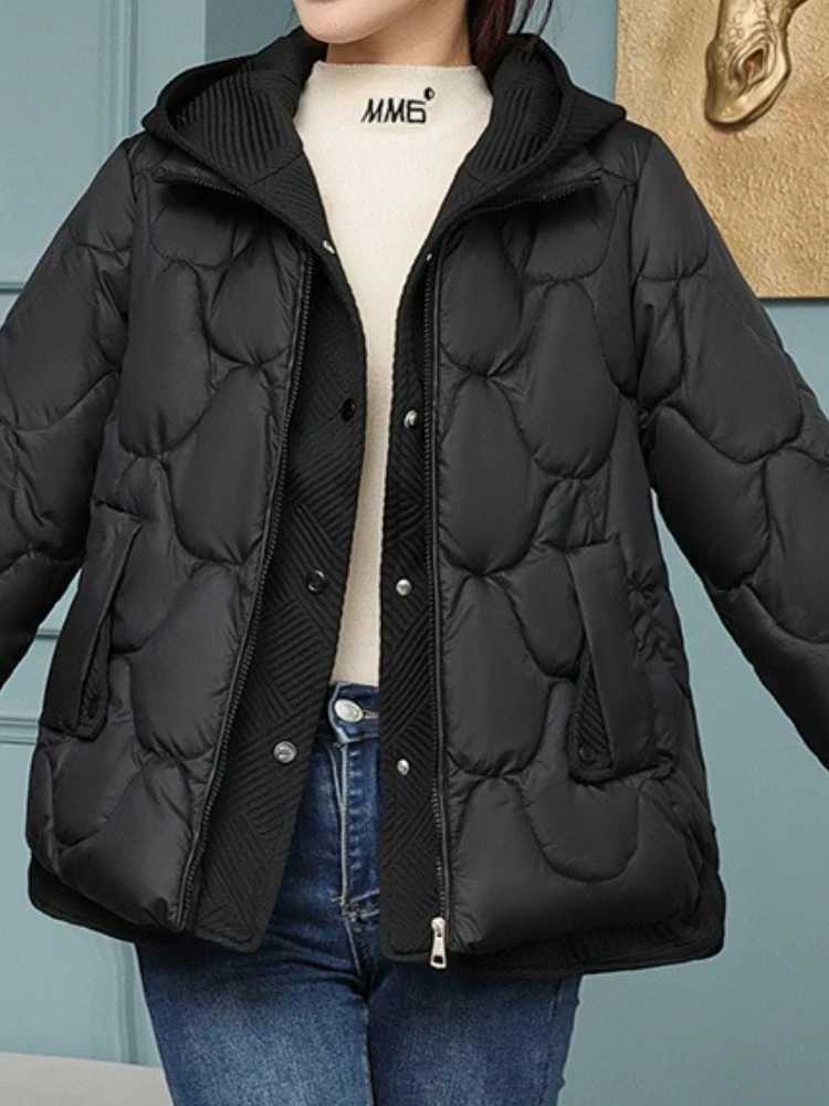 Hooded Parka Fake Two-Piece Down Cotton Clothes Womens New Short Corrugated Burr Thick Warm Cotton-Padded Jacket OutCoat LadyT251201