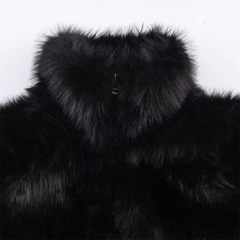 Black Faux Fur Bomber Jacket for Women - High Collar Zipper Closure Soft Fluffy Texture Stylish Cold-Weather CoatT251201