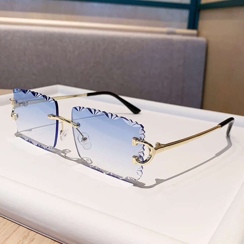 Designer Cross-Border New Sunglasses Metal Frame Tooth Pattern Lens Square Rimless Unisex Big Brand Flat Glasses