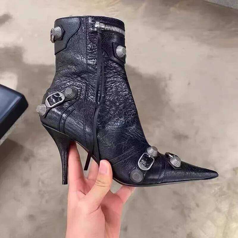 High Thin Heeled Ankle Boots for Metal Decor Rivet Fringed Zip Ppinted Toed Motorcycle Lady Booties Women Shoes