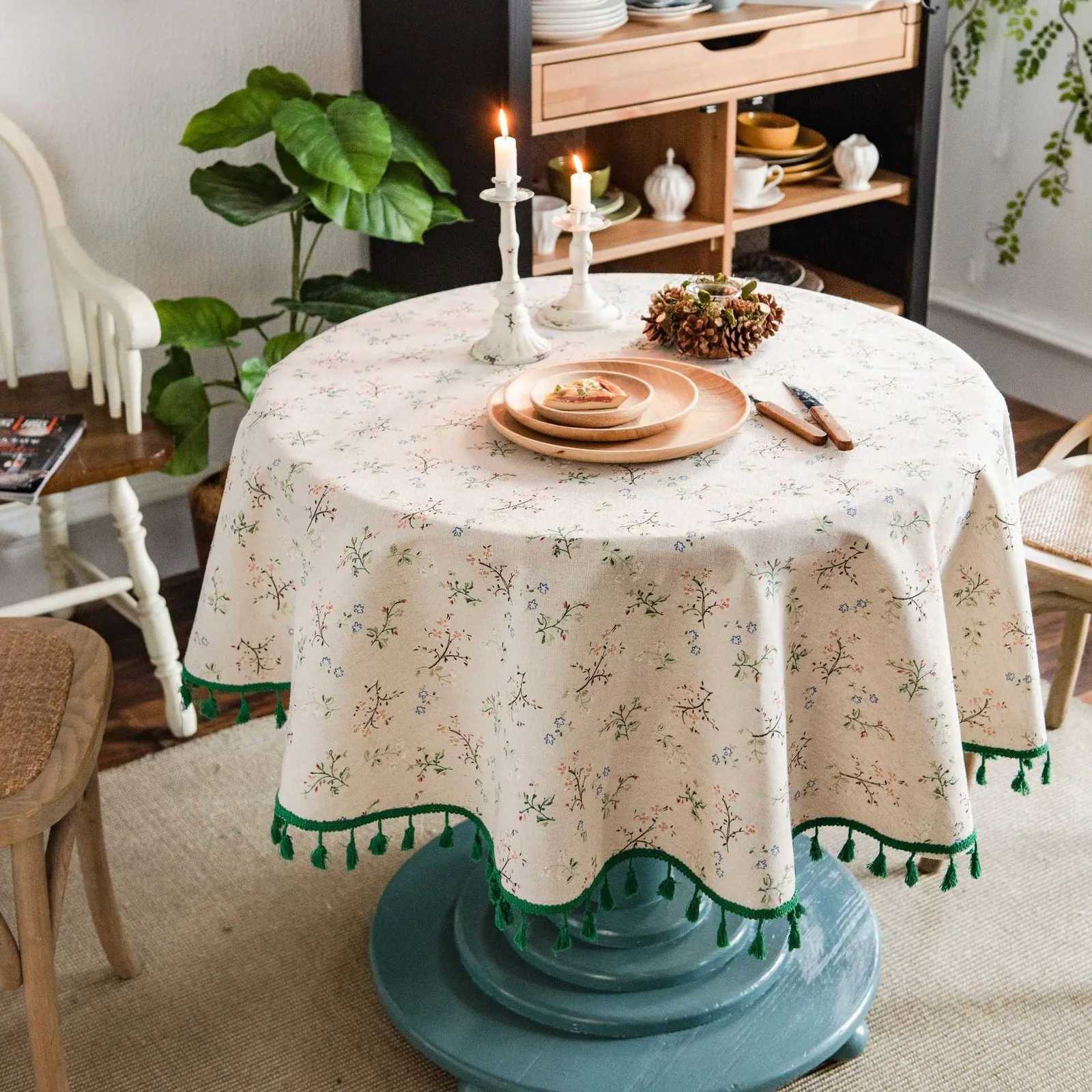 Floral Round Tablecloth Cotton Linen Table Cloth with Tassels for Restaurant Picnic Indoor and Table Cover Home Decoration Y251201