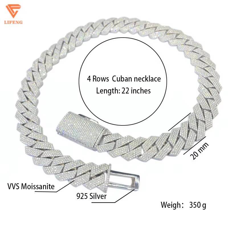 Hip Hop 925 Sterling Silver 20mm Cuban Link Chain Necklace with VVS Moissanite Diamond Iced Out for Men-for Gift or Engagement