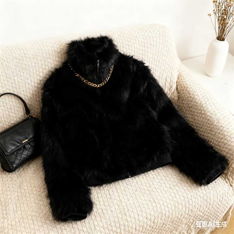 Black Faux Fur Bomber Jacket for Women - High Collar Zipper Closure Soft Fluffy Texture Stylish Cold-Weather CoatT251201