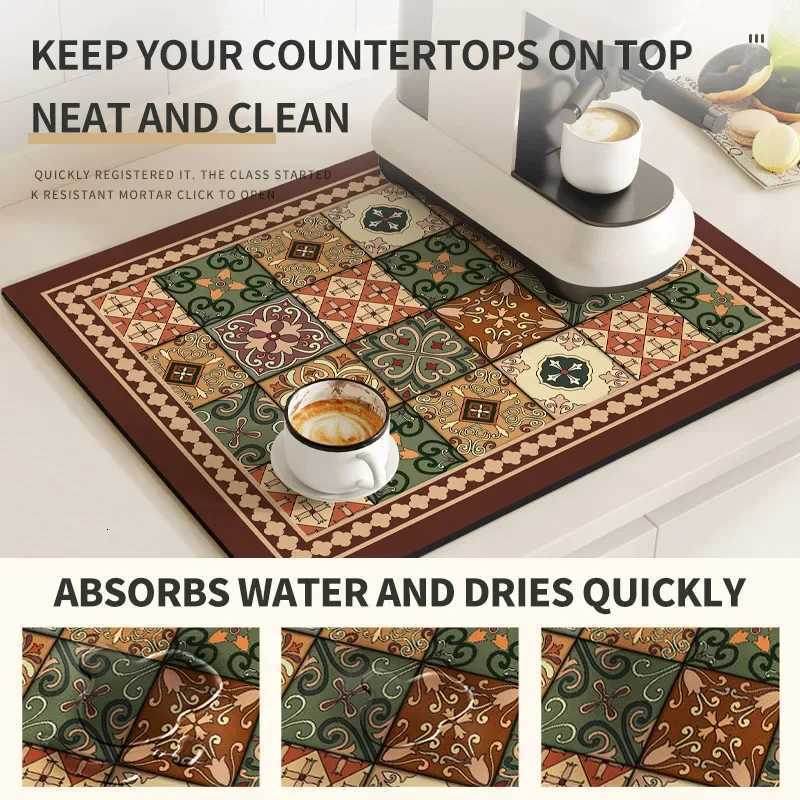 VIKAMA Vintage Bohemian Kitchen Dish Drainer Mat Dish Drying Mat Absorbent Countertop Coffee Maker Mat Kitchen Accessories Y251201
