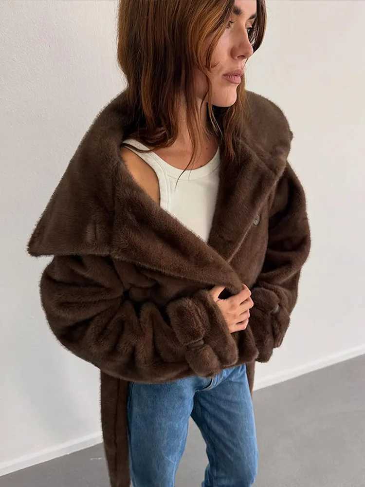 Classic Brown Faux Fur Short Jacket Women Solid Lace-up Full Sleeve Double-breasted Warm Coat Lady Winter Daily Commute Wear NewT251201