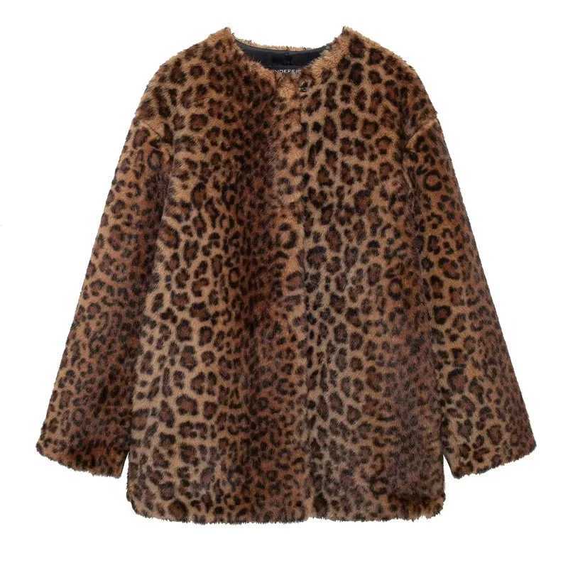 HXAO Parkas Womens Coats Winter Leopard Faux Fur Coat Warm Vintage Autumn Plush Jacket Outerwear Long Sleeve Furry Coats WomanT251201