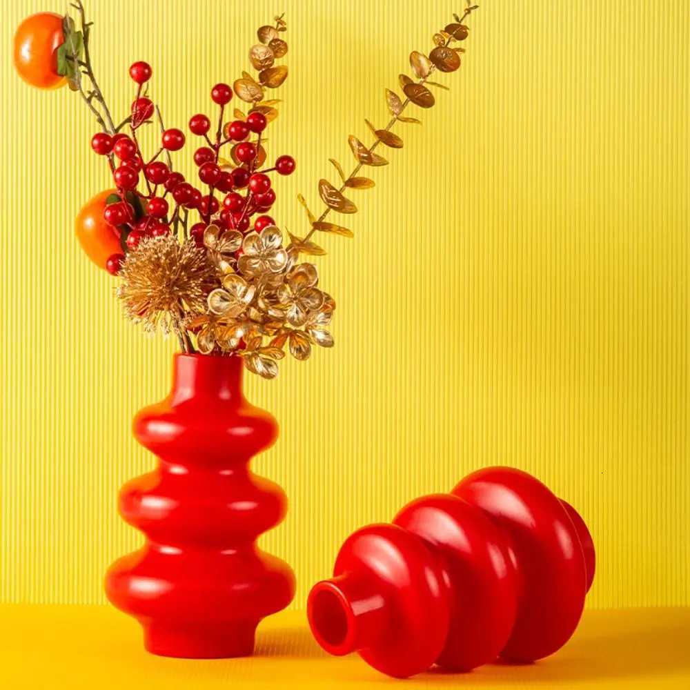 Nordic Style Plastic New Year Flower Vase Red Imitation Ceramic Flowerpot Household Flower Arrangement Container He Decoration Y251201