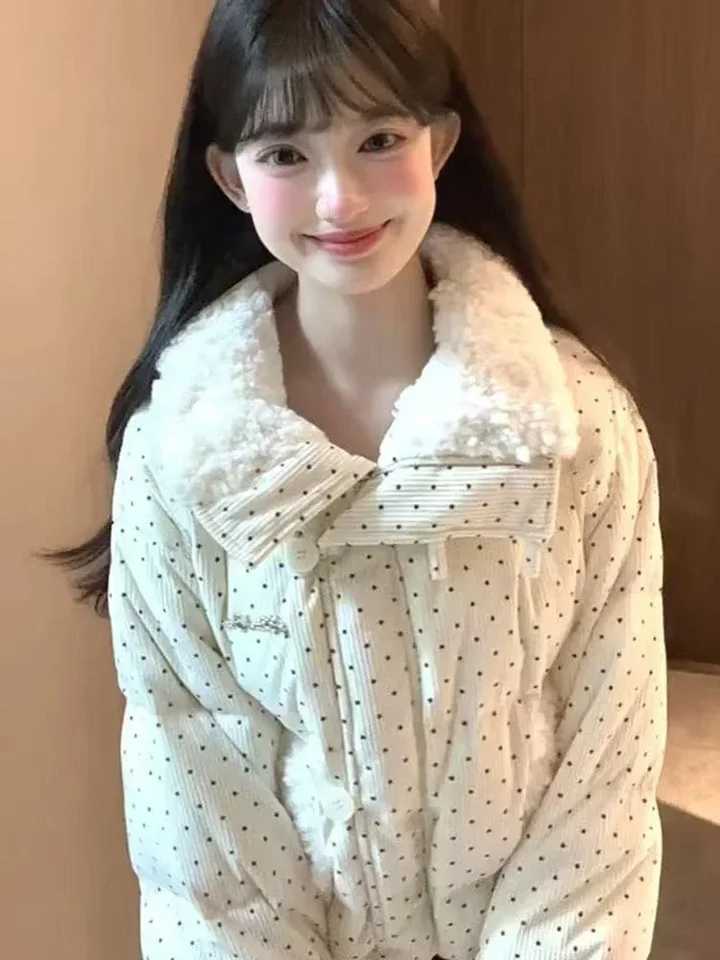 Sweet Polka Dot Parkas Women Winter Loose Casual Thicken Button Patchwork Puffy Coats Korean Fashion Fur Collar Female OutwearT251201