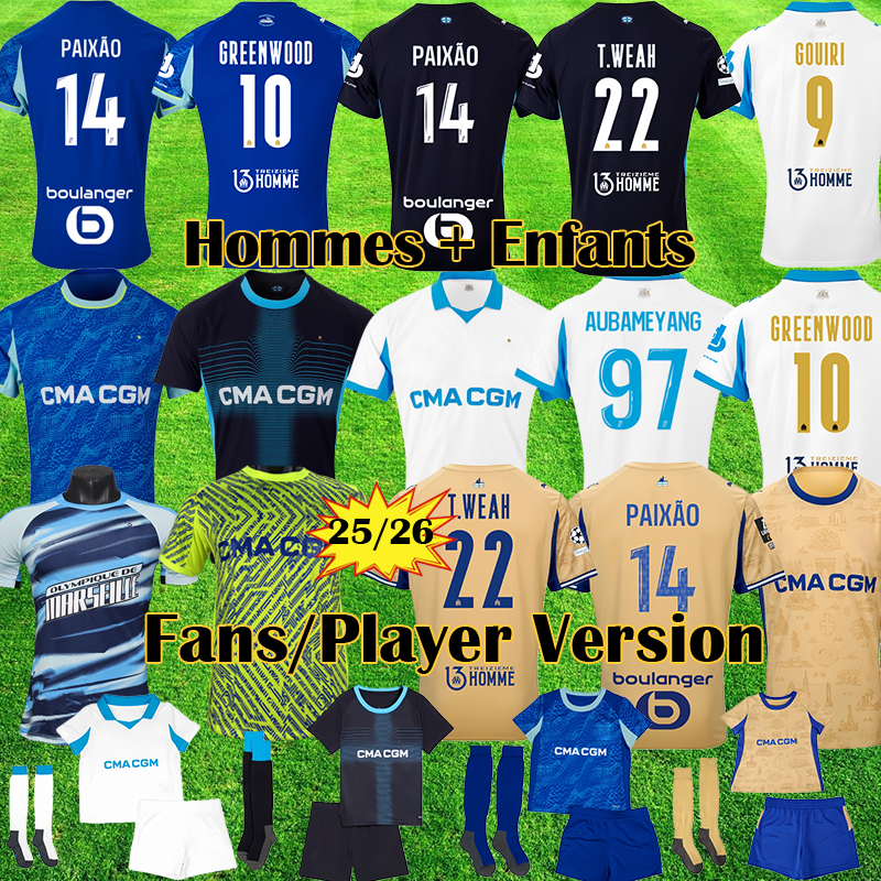 25 26 Marseile Soccer jerseys Marsei lle Jersey GOUIRI Maillot 2025 2026 GREENWOOD Player Version RABIOT Maillots de foot OM Kit 125TH HOJBJERG Kids shirts 999