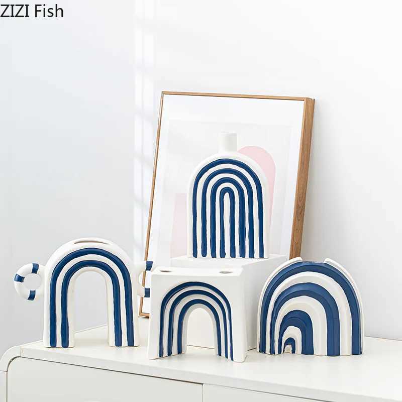 Blue and White Stripes Ceramic Vase Desk Decoration Artificial Flower Decorative Flower Arrangement Vases Ro Aesthetic Decor Y251201