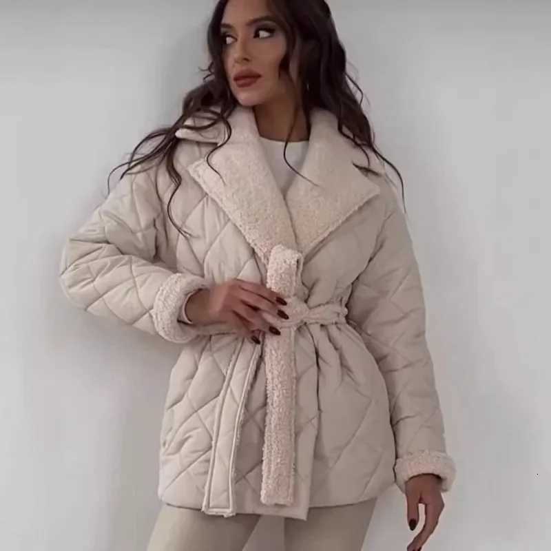 Elegant Quilted Coat With Faux Fur Lining For Women Fashion Lapel Belted Waist Coat Lady 2025 Fall Winter Chic Street OuterwearT251201