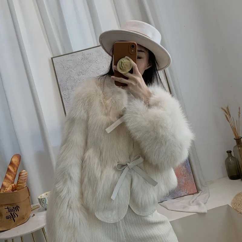 Autumn Winter Thicken Faux Fox Fur Jacket for Women 2023 Short Plush Coat Korean Loose Warm Tied Waist Outerwear Black WhiteT251201