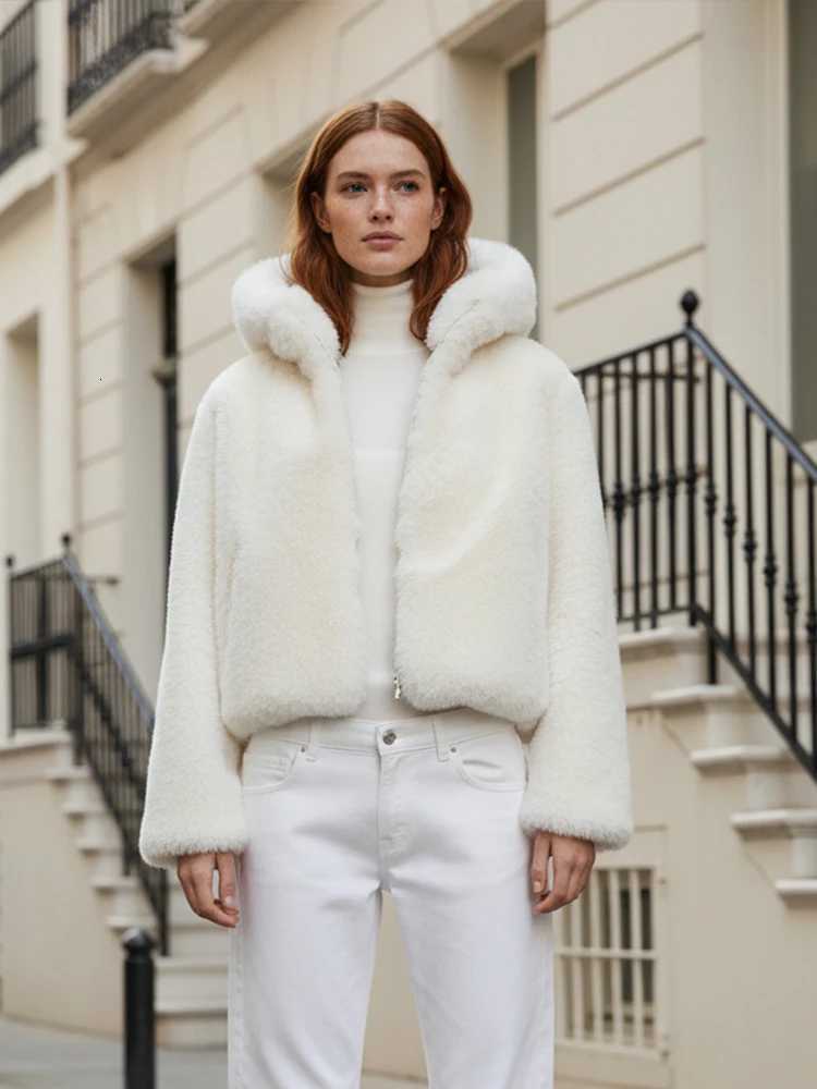 chic Fluffy Hooded Short Faux Fur Coat Women Casual Solid Full Sleeve Zipper Pocket Loose Warm Jacket Lady Winter Commute CoatsT251201