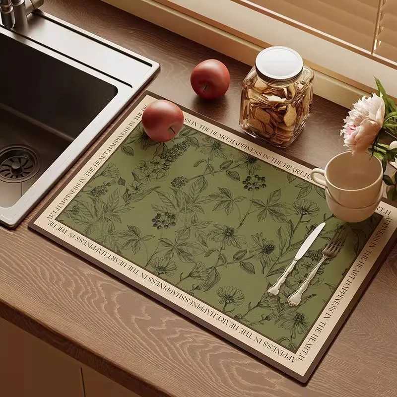 Retro Green Leaf Absorbent Mat Kitchen Antiskid Draining Coffee Dish Drying Quick Dry Bathroom Drain Pad Tableware Mats Decorate Y251201