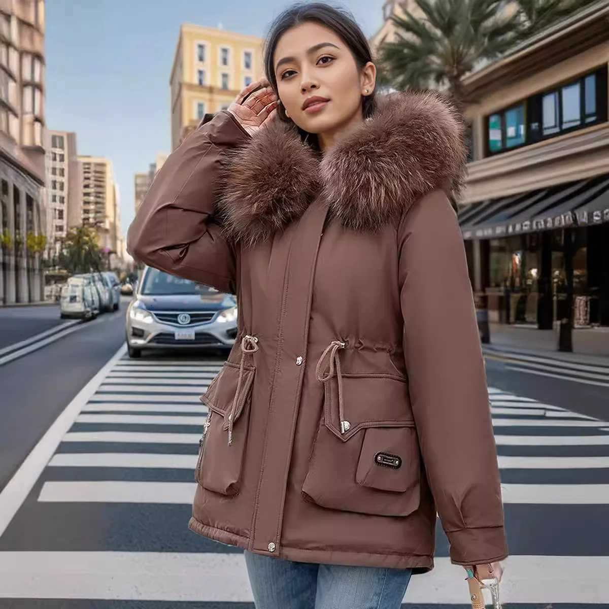 Winter 2025 Womens Padded Jacket Female Fur Collar Warm Parkas Coats Womems Hooded Drawstring Waist Cinching Cotton JacketT251201
