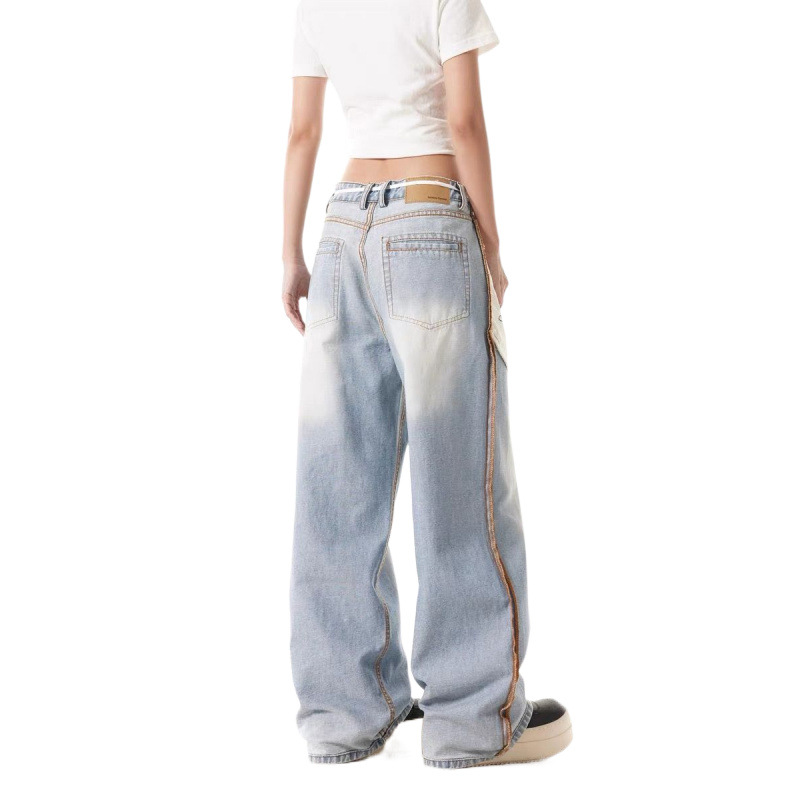 American retro flip-top design style jeans for women, loose, wide-leg, casual, straight and trendy