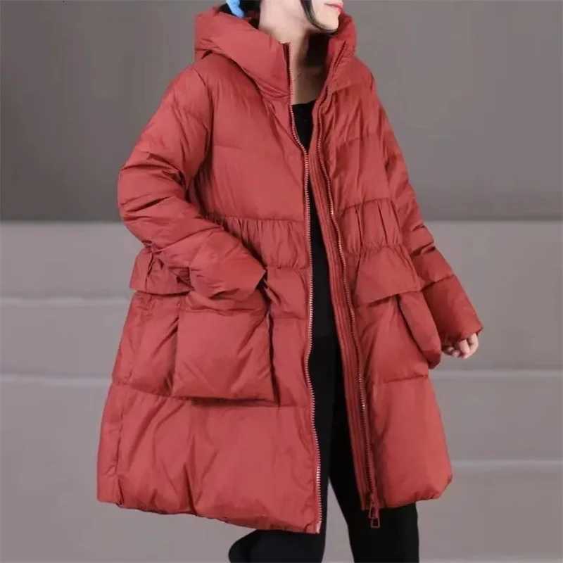Korean Winter Down Cotton Jacket 2024 New Women Parkas Puffer Jacket Hooded Long Fluffy Loose Snow Wear Puffer Coat Bread JacketT251201