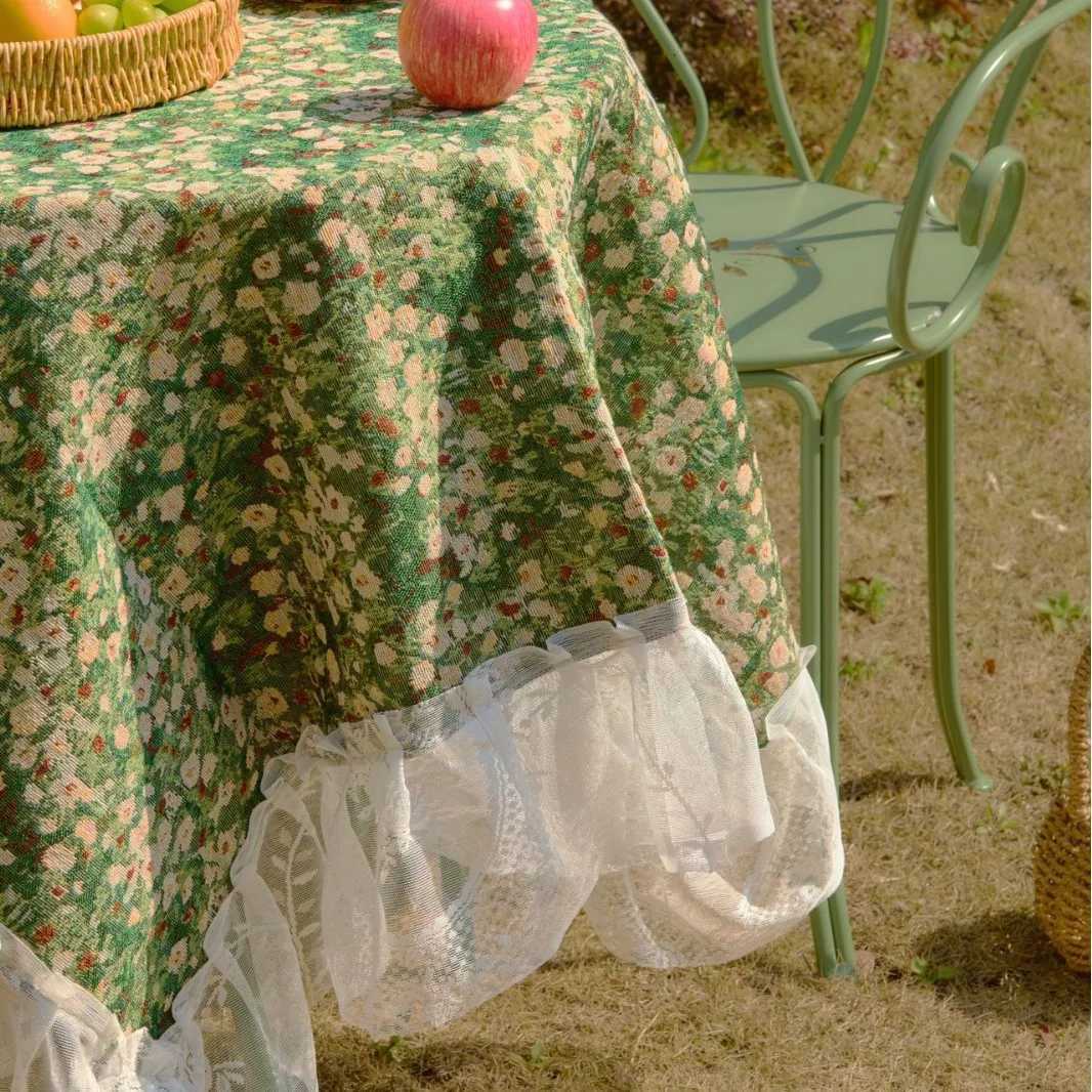 90x90cm Tablecloth Jacquard Green Flower Camping Outdoor Tablecloth Lace Edge Multi-purpose Cover Bedside Table Y251201