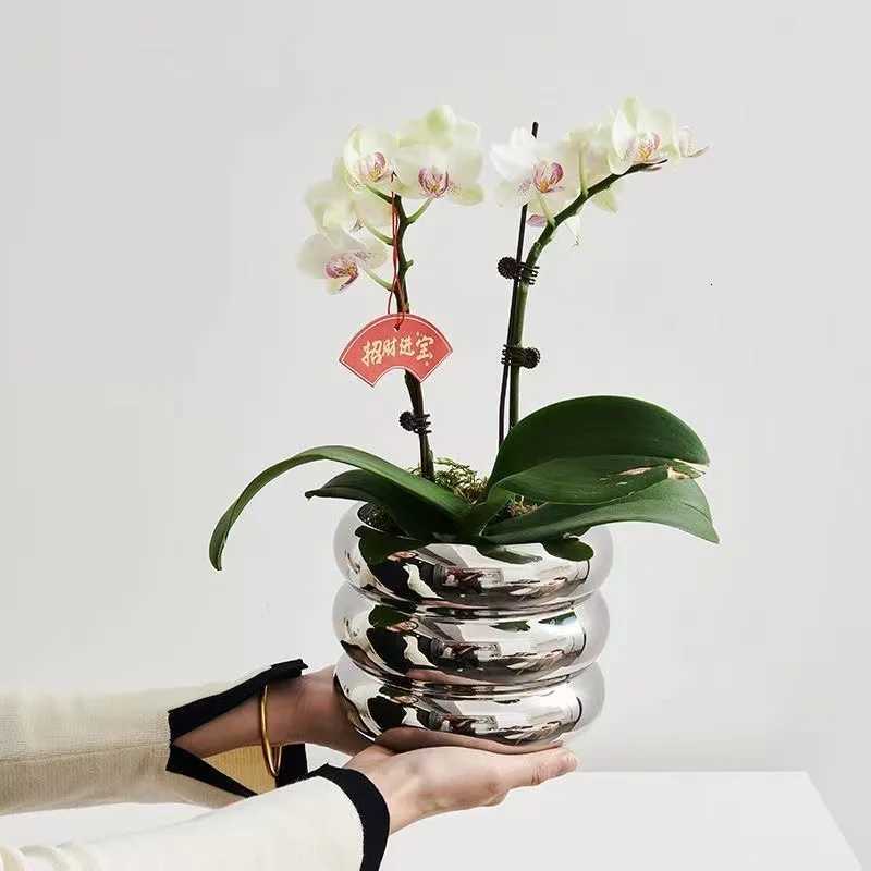Simple Ceramic Flowerpot Off Desktop Green Plant Flowerpot Wind Silver Small Vase Flower Arrangement Decor Desktop Ornament Y251201