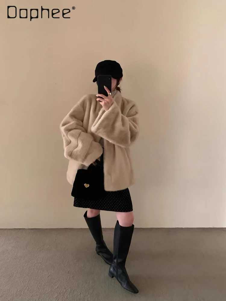 Elegant Stand Collar Eco-Friendly Fur Plush Coat Winter Korean Ins Trend Imitation Mink Fur Sheepskin Thickened Mid-Length CoatT251201
