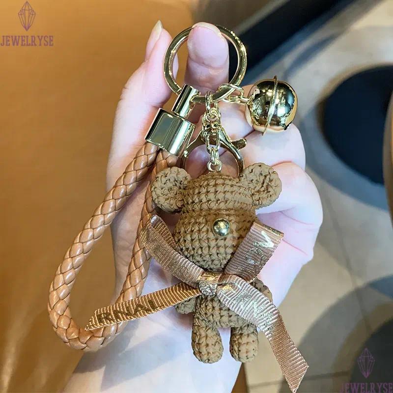 3D Animal Doll Key Chain Rings Bow Woolen Bear Bell Braided Woven Car Keychains Holder Gold Metal Handbag Backpack Pendant Keyrings Gifts Bag Charms A