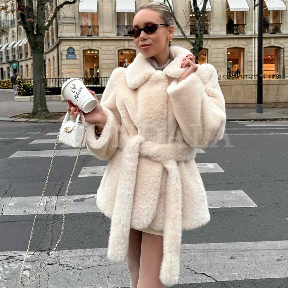 KONDALA 2025 Fall Winter Faux Fur Women Streetwear Coats Fashion Elegant Sashes Turndown Collar Chic Ladies Solid CoatsT251201