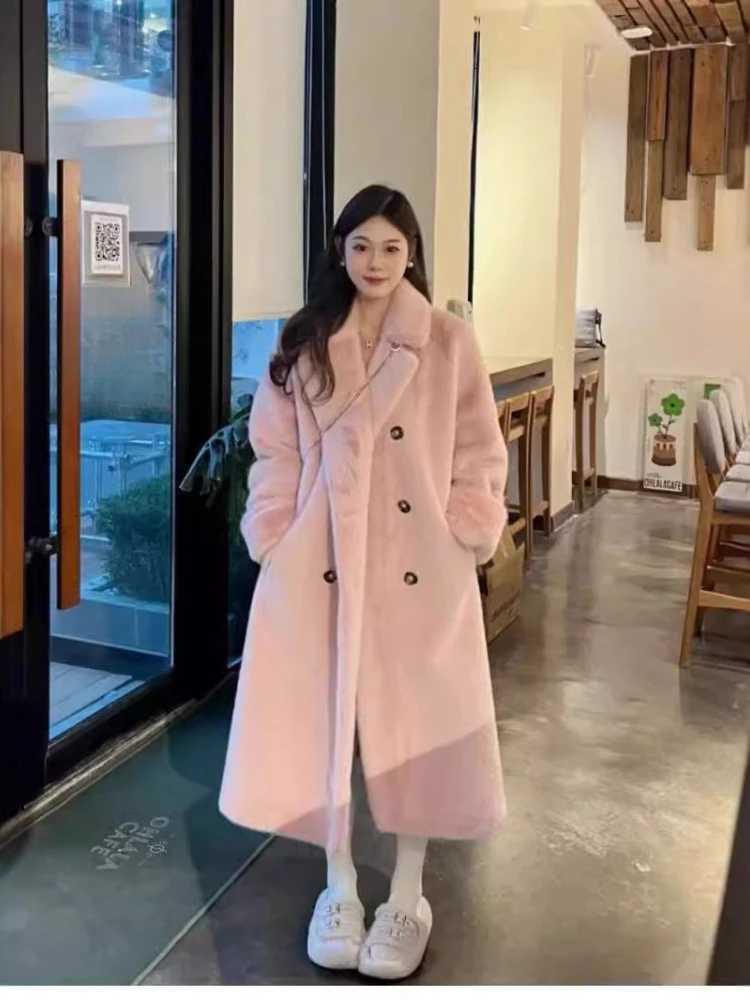Autumn Winter Imitation Rabbit Fur Thickened Warm Suit Collar Long Coat High Quality Boutique Long Sleeve Double-breasted CoatT251201