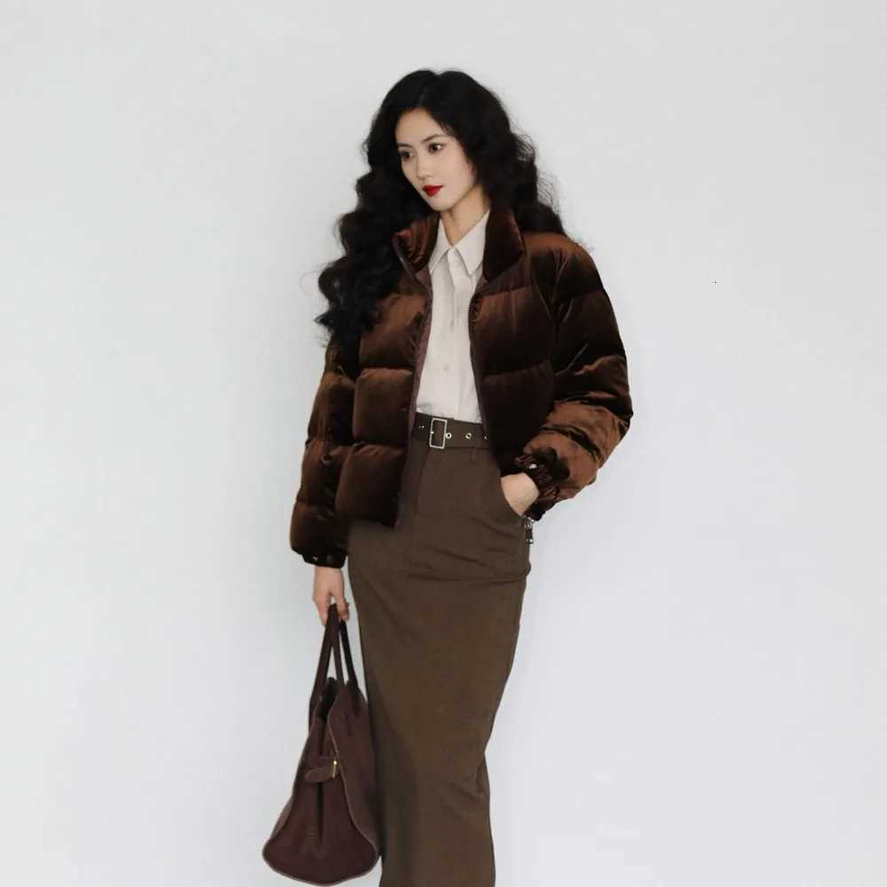 2025 Warm Velvet Down Coat Stand Collar Puffer Jacket Zipper Down Jacket Vintage for Women Trend Luxury Oversize Outerwear ChicT251201