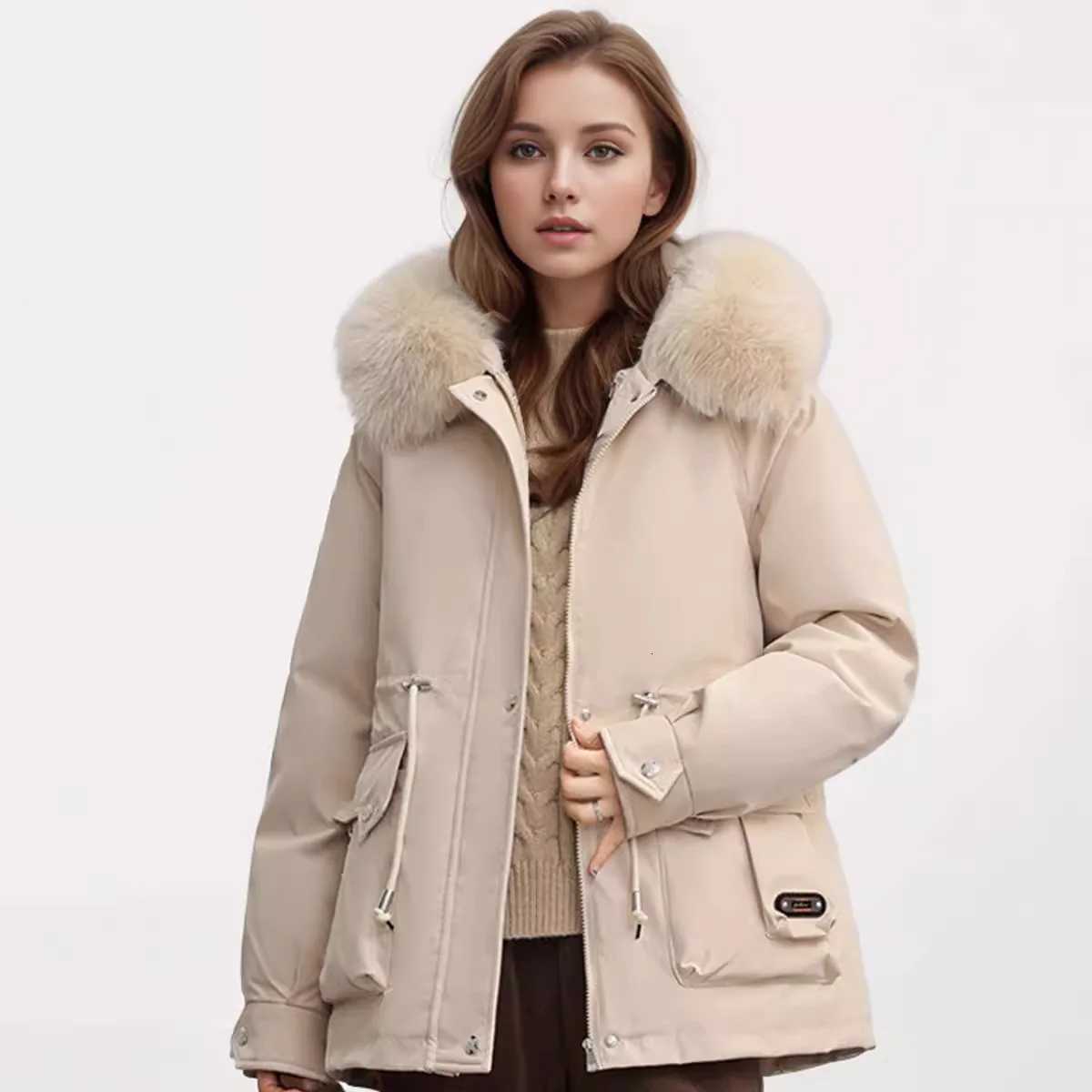 2025 Winter Womens Jacket Fur Collar Thicken Warm Casual Cotton Jacket Female 2 Pocket Drawstring Waist Cinching Parka JacketT251201