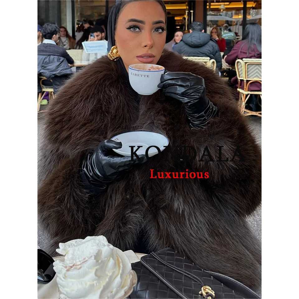 KONDALA Casual Brown Thick Fur Jackets Women Long Sleeve V Neck Autumn Winter Faux Fur Coats Fashion 2025 Streetwear OutwearsT251201
