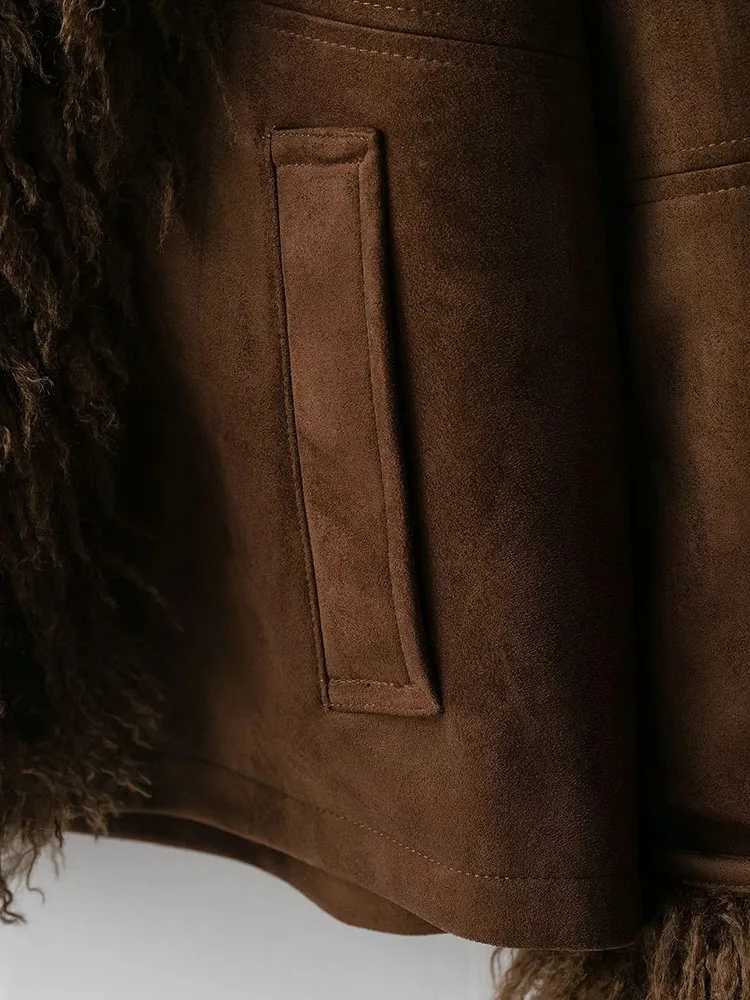 Women 2025 Autumn Winter New Solid Faux Fur Jackets Women Fashion Lapel Plush Coat Slim Elegant Patchwork Brown Short CoatsT251201