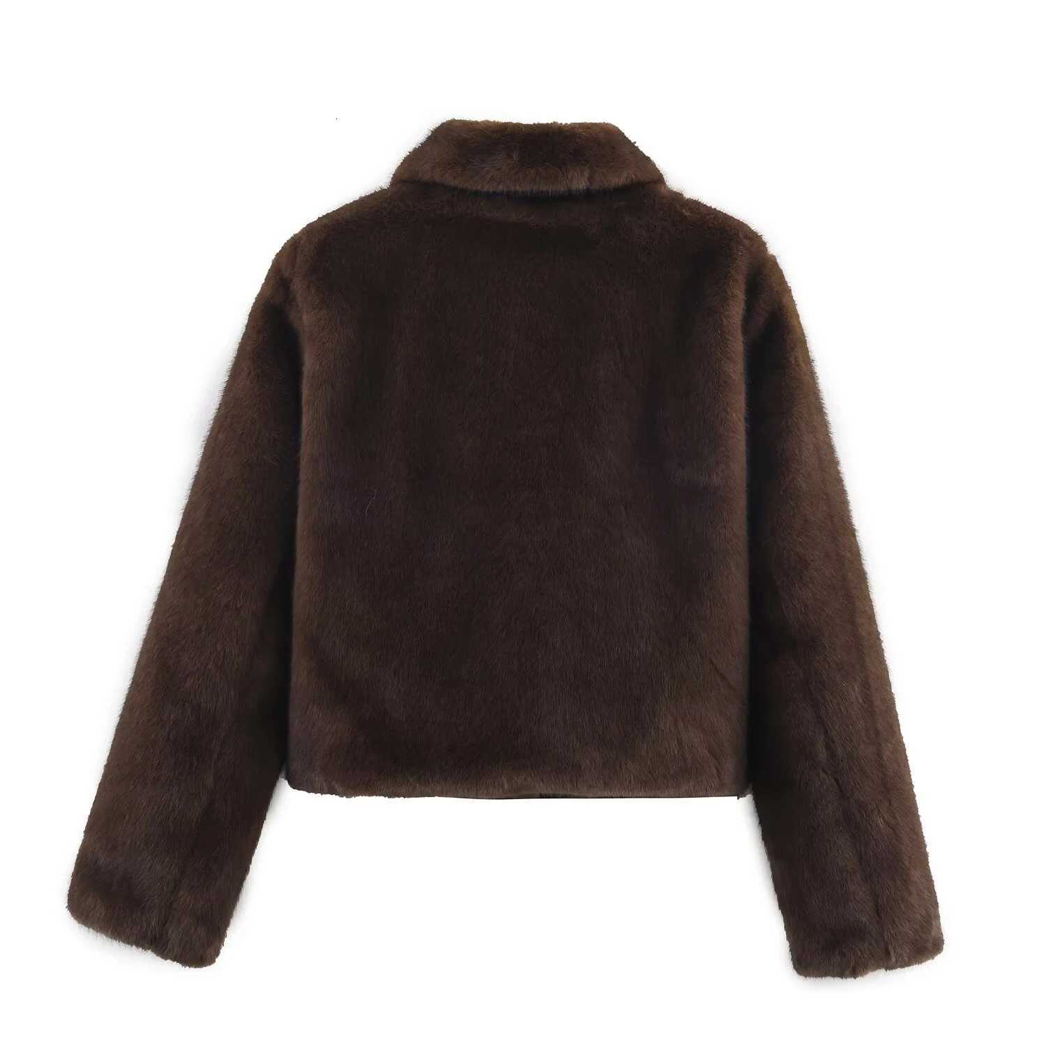 Brown collar thickened plush faux fur coat high street American environmentally friendly short winter coat for womenT251201