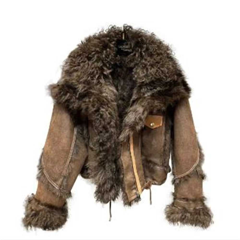 Winter Lambswool Turn Down Collar Velvet Inner Sleeve Furry Faux Leather Integrated Cotton Streetwear PU Parkas Long Sleeve TopsT251201