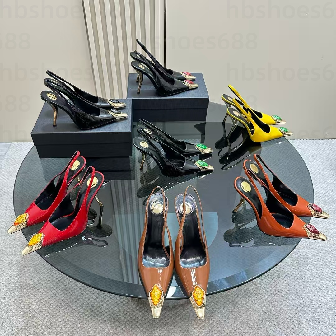 Luxury Iron toe Stiletto Heel sandals Slingback pumps Fashion Designer High heeled Dress Shoes Women's party Evening shoes Factory footwear size 35-42 with box