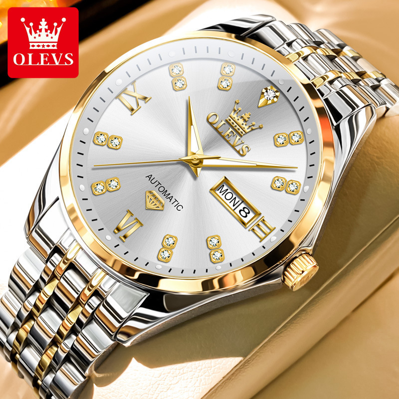 OLEVS Designer Outdoor Men's Automatic Mechanical Diamond Waterproof Double Calendar Steel Band Mechanical Business Watch Free Shipping Wholesale