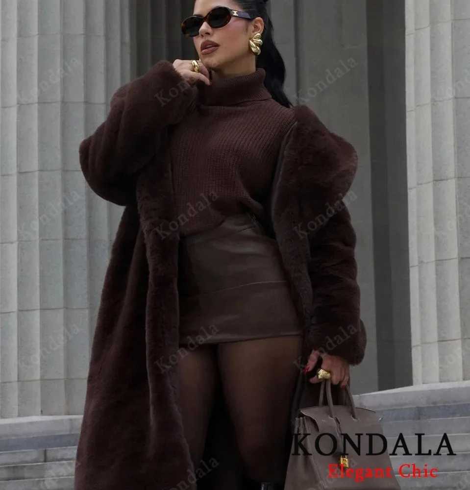 KONDALA Womens Fall Winter Faux Fur Long Coat Vintage Lapel Buttons Loose Coat New 2025 Fashion Casual High Street Warm CoatT251201