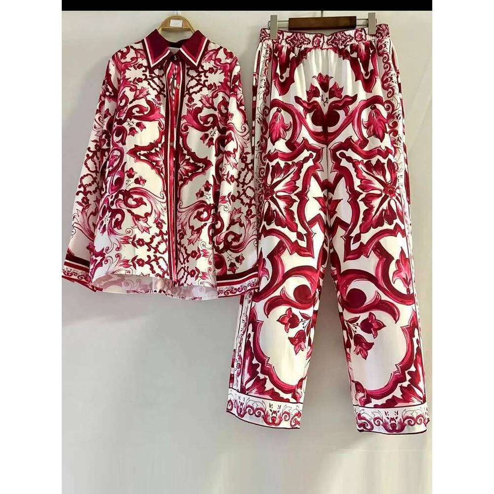 Women's Wear Luxury Printed Loose Long-Sleeved Shirt Spring And Summer Women's Two-Piece Suit+Elastic Waist Straight Pants Casual Suit