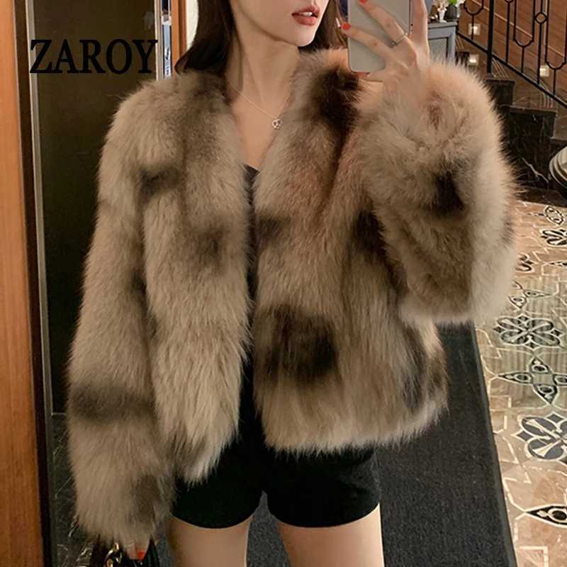 ZAROY Gradient Faux Fur Coat Winter Long Sleeve V Neck Open Stitch Thick Warm Outerwear Fluffy Artificial Fox Fur Jacket T251201