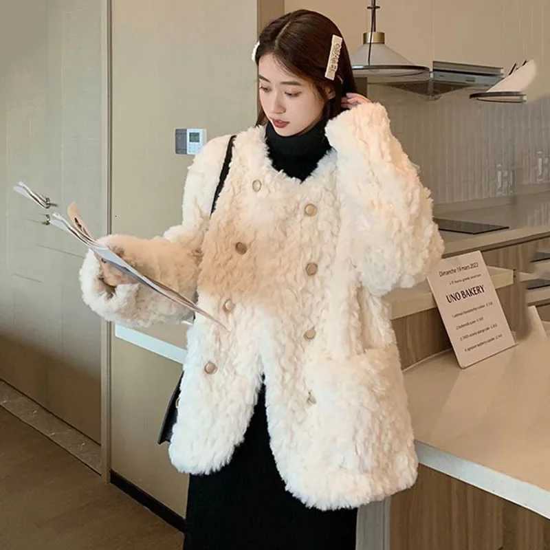 Smvp 2024 AutumnWinter New Korean Fashion Double-breasted Faux Fur Outwear Ladies Womens Lamb Cashmere Thicken Warm Plush CoatT251201