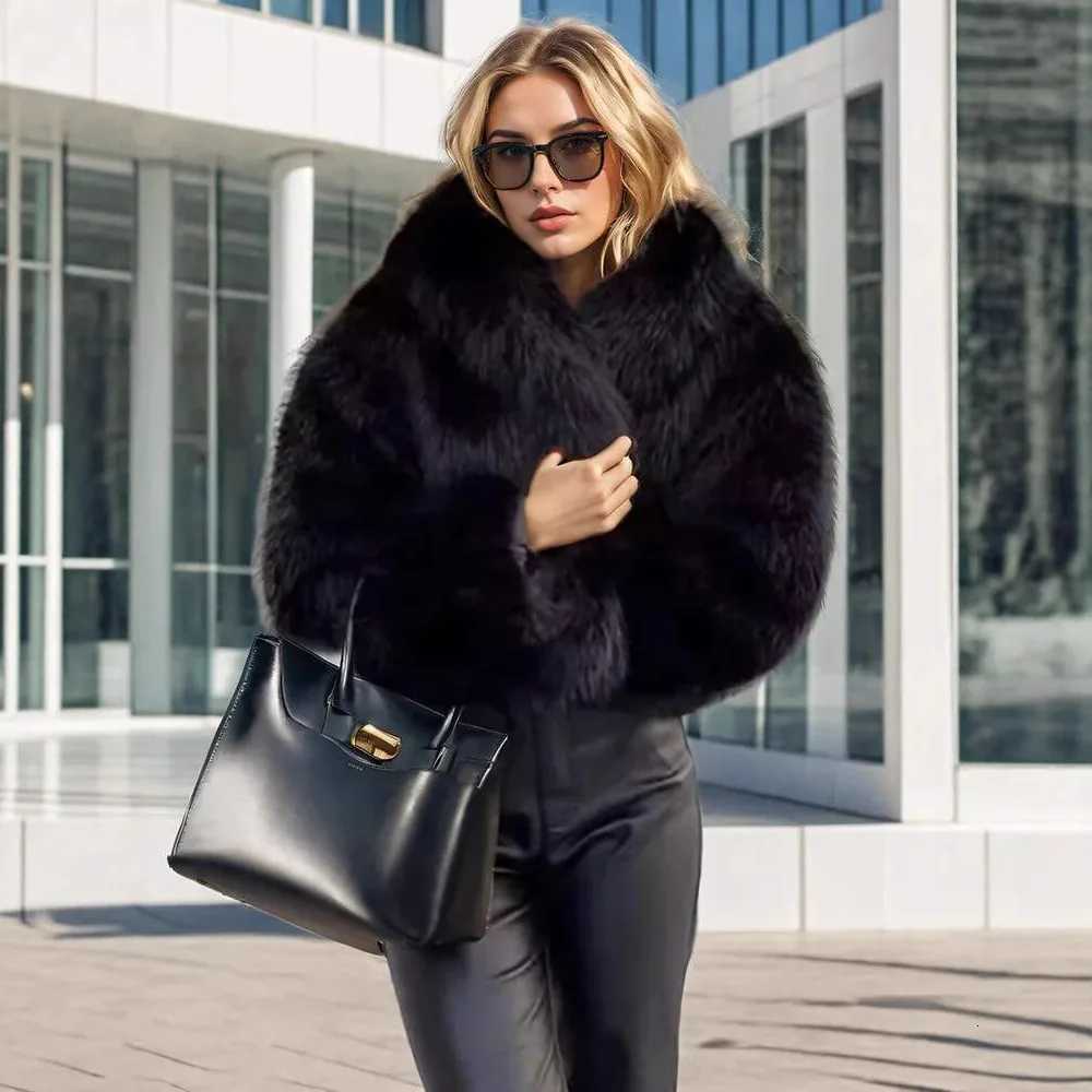 Black Women Winter Artificial Fur Jacket Elegant Lapel Collar Long Hair Female Faux Fur Coat Short Street Lady Mink Fur CoatT251201