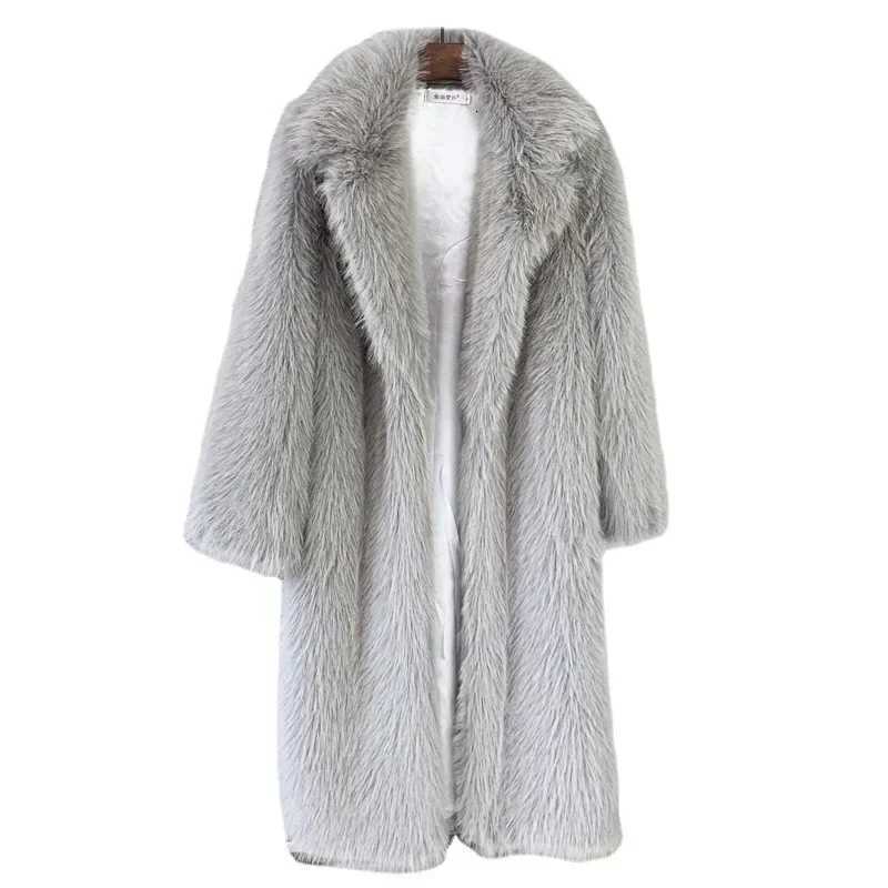 White Long Faux Fur Coat Women Autumn Winter Large Jacket Overcoat Turn Down Collar Pockets Thick Coat Warm Jackets Maxi CoatsT251201