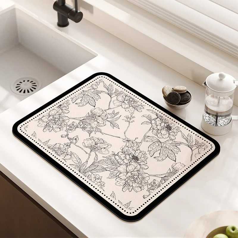Kitchen Counter Drying Mat Floral Pattern Printed Diatomaceous Earth Absorbent Mat Desktop Tableware Dry Pad Cup Bar Mat Y251201