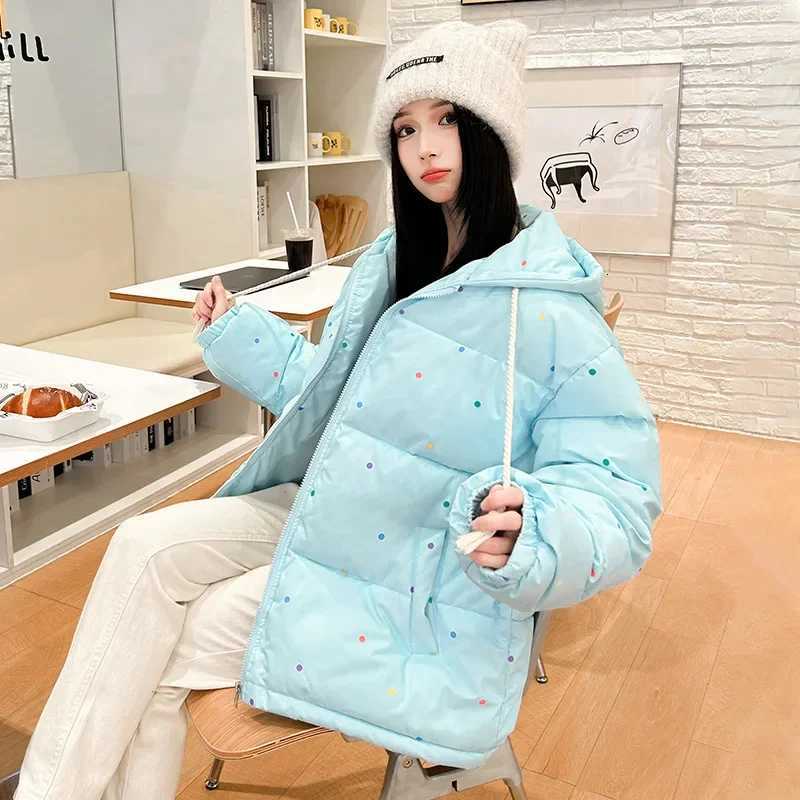 2025 Sweet Colorful Dot Winter Jacket Woman Korean Drawstring Hooded Parkas Women Thicken Warm Puffy Down Cotton Coat MujerT251201