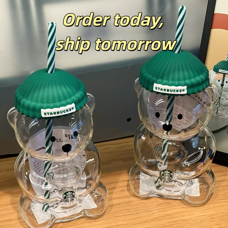 20-ounce Little Bear Cup Glass with Lid Cute Glass Cup Ice Coffee and Cold Drink Cup Gift Glass Bear Water Cup Best-selling Christmas Gift Little Bear with Green Hat
