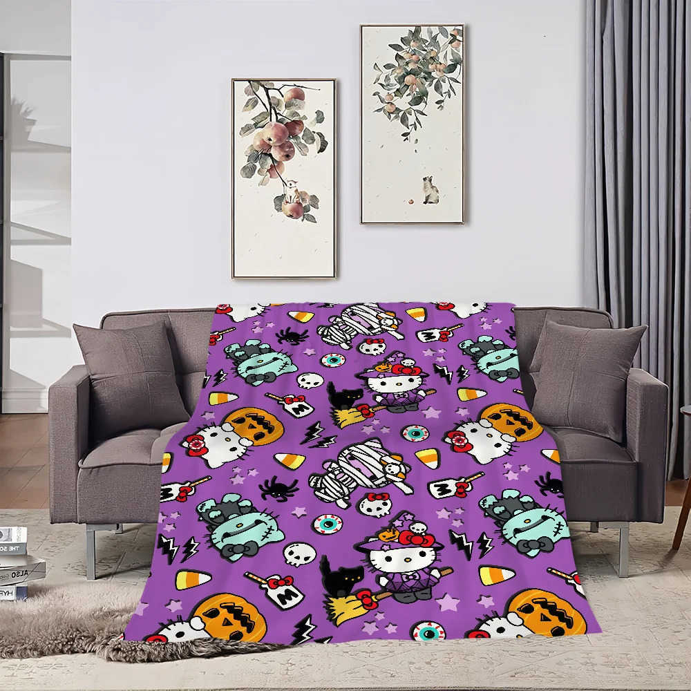 Sanrio Halloween Magical art cat cute H-Hello K-Kitty warm soft plush blanket for sofa living room office bedroom travel gift Flannel H251201