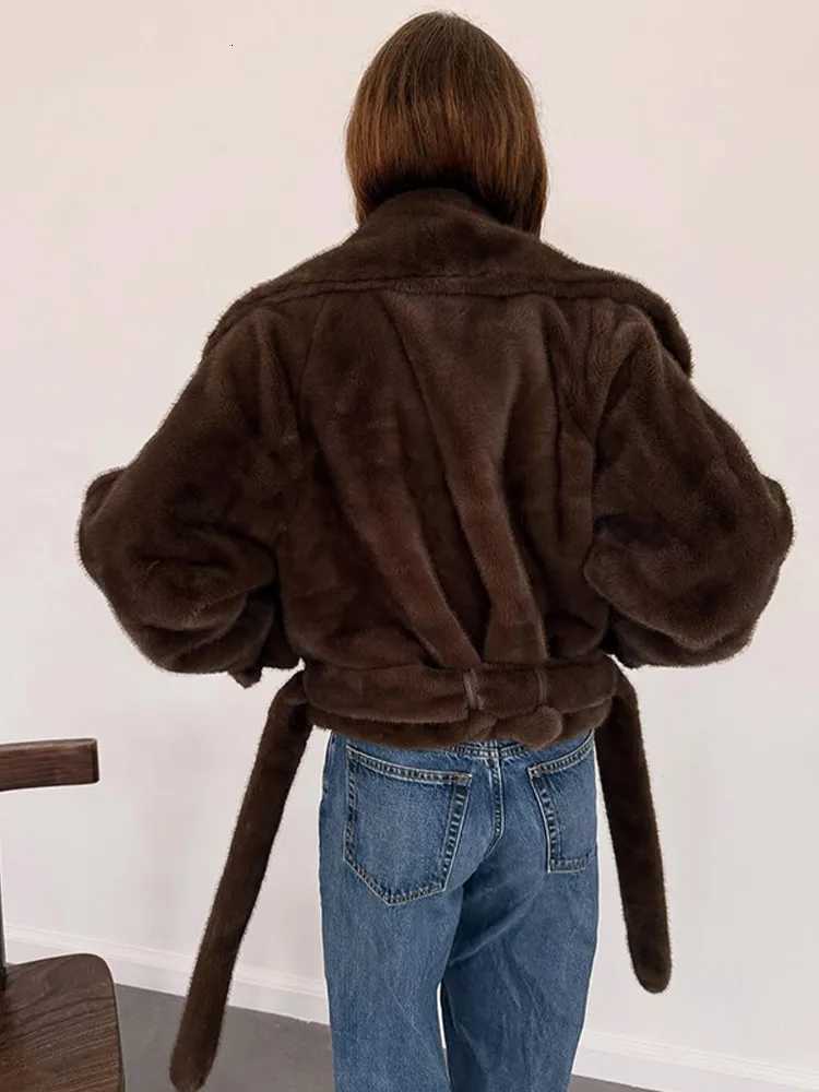 Classic Brown Faux Fur Short Jacket Women Solid Lace-up Full Sleeve Double-breasted Warm Coat Lady Winter Daily Commute Wear NewT251201