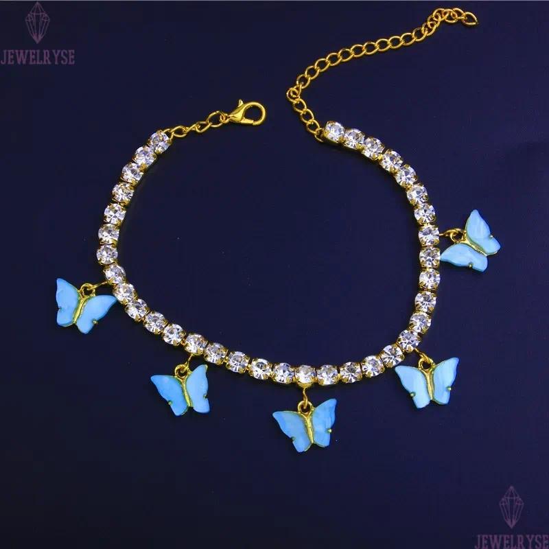 Acrylic Butterfly Women Anklets Iced Out Tennis Chain Leg Bracelet Rhinestone Silver Gold Animal Pendant Charms Fashion Beach Feet Jewelry