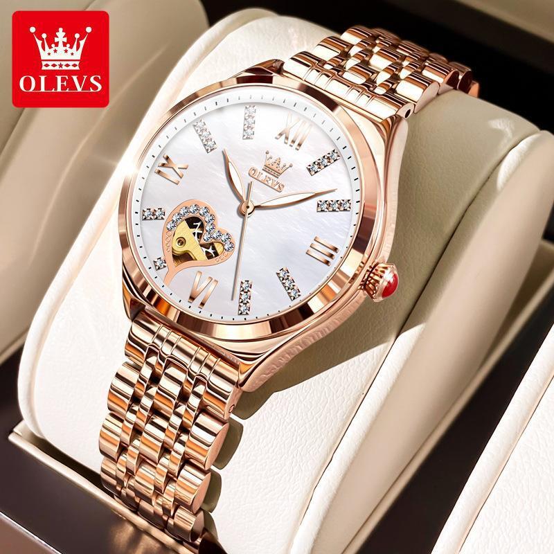 OLEVS Designer Classic Temperament Women's Watch Luxury Stainless Steel Waterproof Mechanical Watch Heart-shaped Diamond Business Watch Free Ship